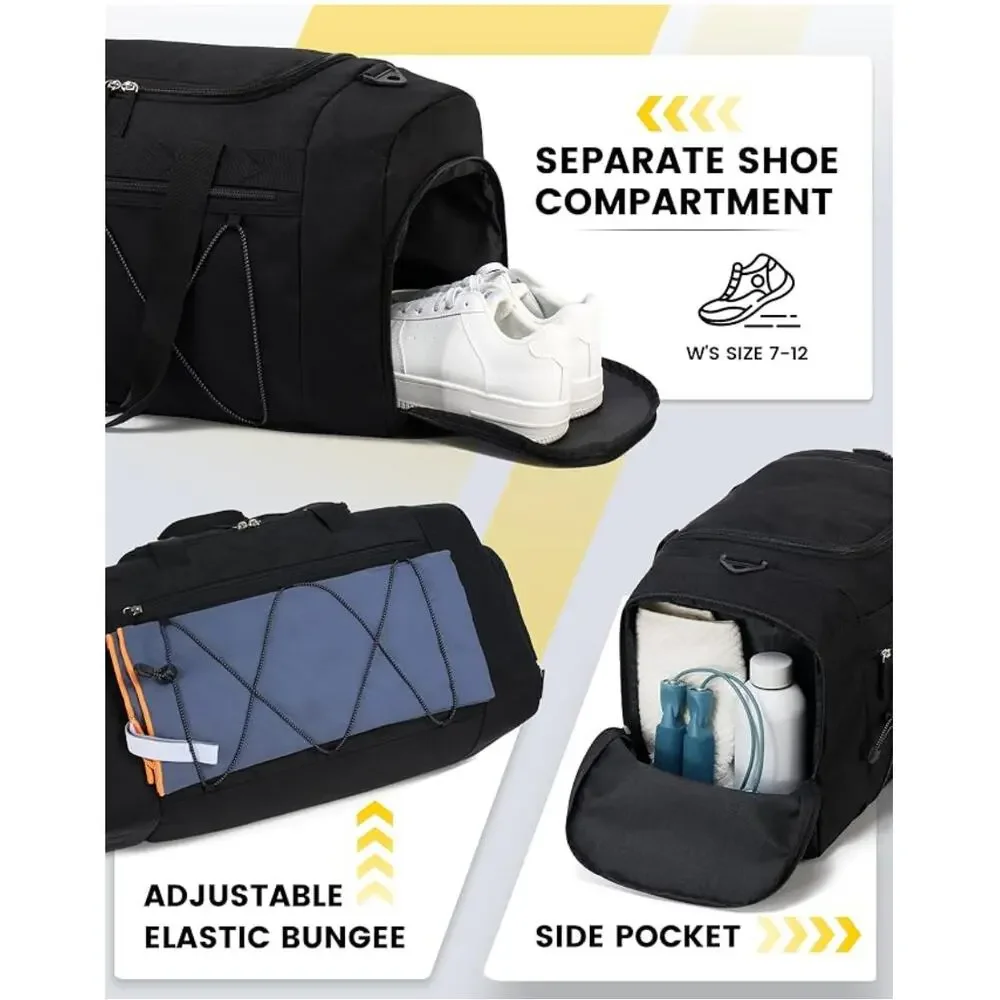 Gym Bag with Shoe Compartment, Sports Duffle Bag, Weekend Overnight- Black